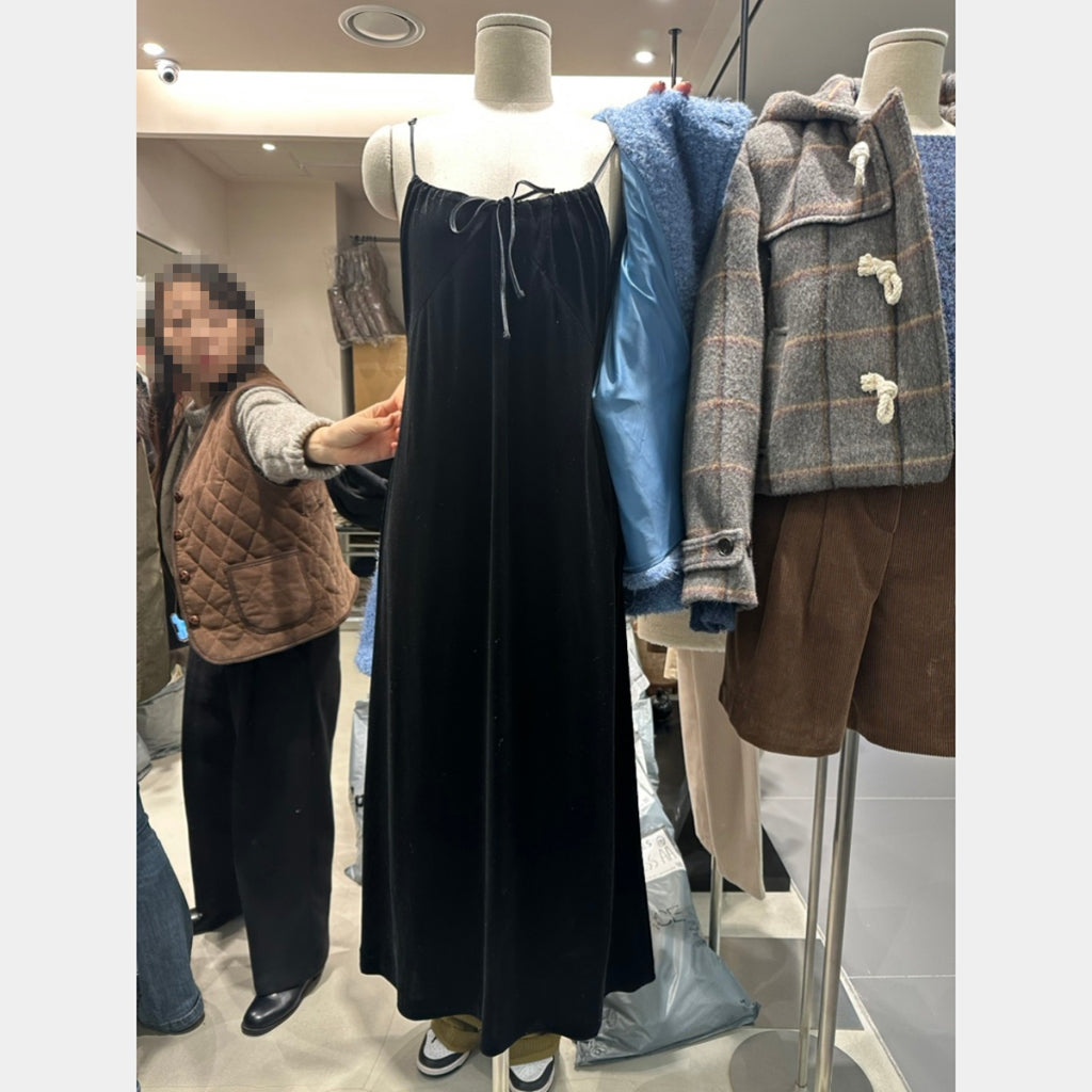 蝴蝶結天鵝絨吊帶連身裙|單色